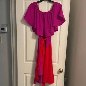 Vibrant Pink and Red Off Shoulder Dress with Ruffle Sleeves